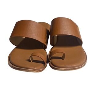 Michael Kors Brown Leather Toe Ring Slide Sandals Gold MK Logo Flat Women 7M